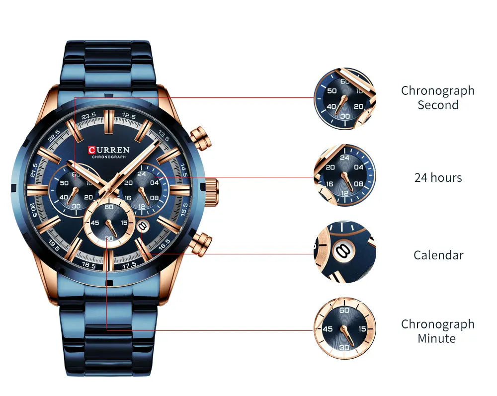 Men Quartz Watches Curren Stainless Steel Waterproof Men Wristwatches