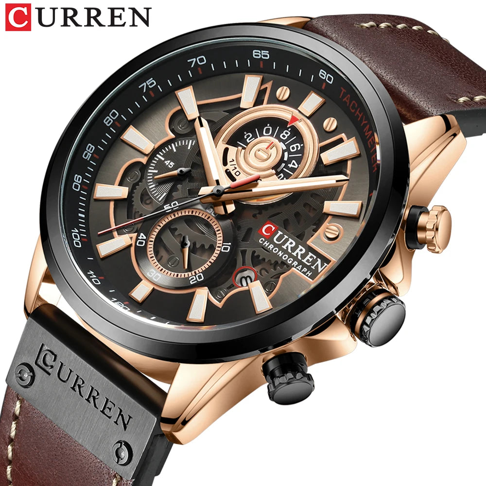 Men Watches CURREN Chronograph Genuine Leather Waterproof Wristwatches Relogio Masculino, Armbanduhren
