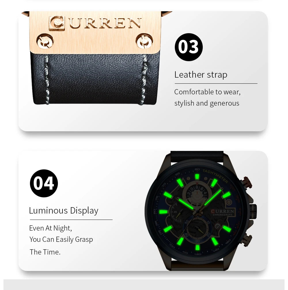 Men Watches CURREN Chronograph Genuine Leather Waterproof Wristwatches Relogio Masculino, Armbanduhren