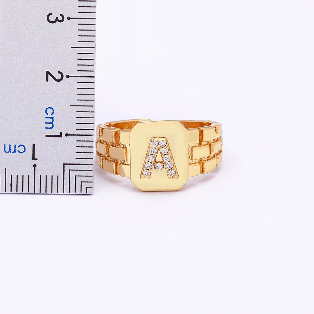 Gold Color Initial Ring Adjustable A-Z Letters Zircon Rings For Women