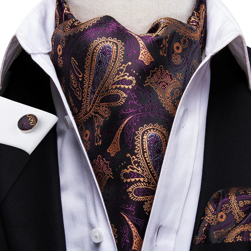 Men's Ascot Pocket Square Cufflinks Set Hi-Tie Silk Jacquard Floral Paisley Cravat Tie Male Formal Wedding Prom