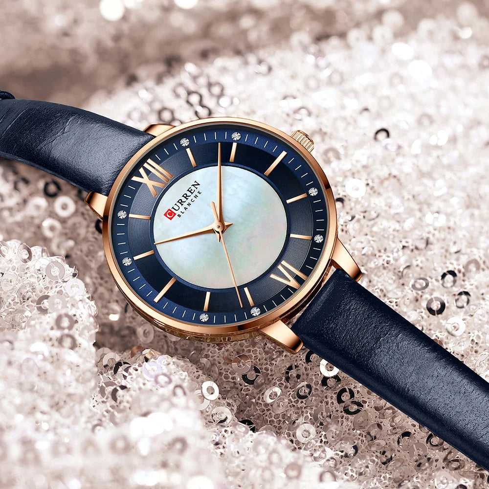 Women Watches CURREN Lux Elegant Ladies Wristwatch with Leather Bracelet Royal Blue Часы Женские