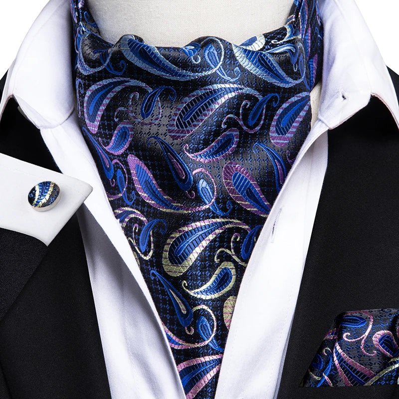 Men's Ascot Pocket Square Cufflinks Set Hi-Tie Silk Jacquard Floral Paisley Cravat Tie Male Formal Wedding Prom