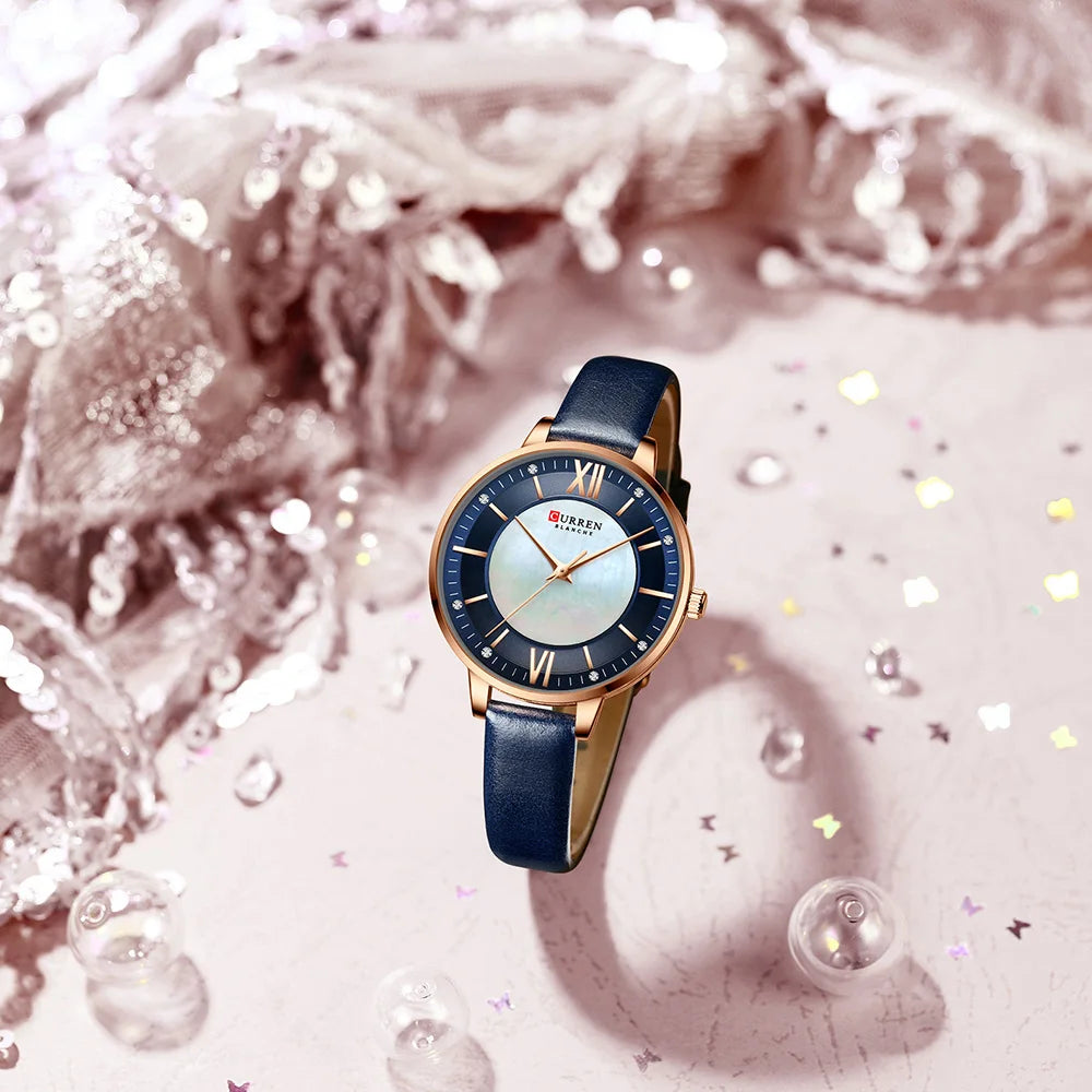 Women Watches CURREN Lux Elegant Ladies Wristwatch with Leather Bracelet Royal Blue Часы Женские