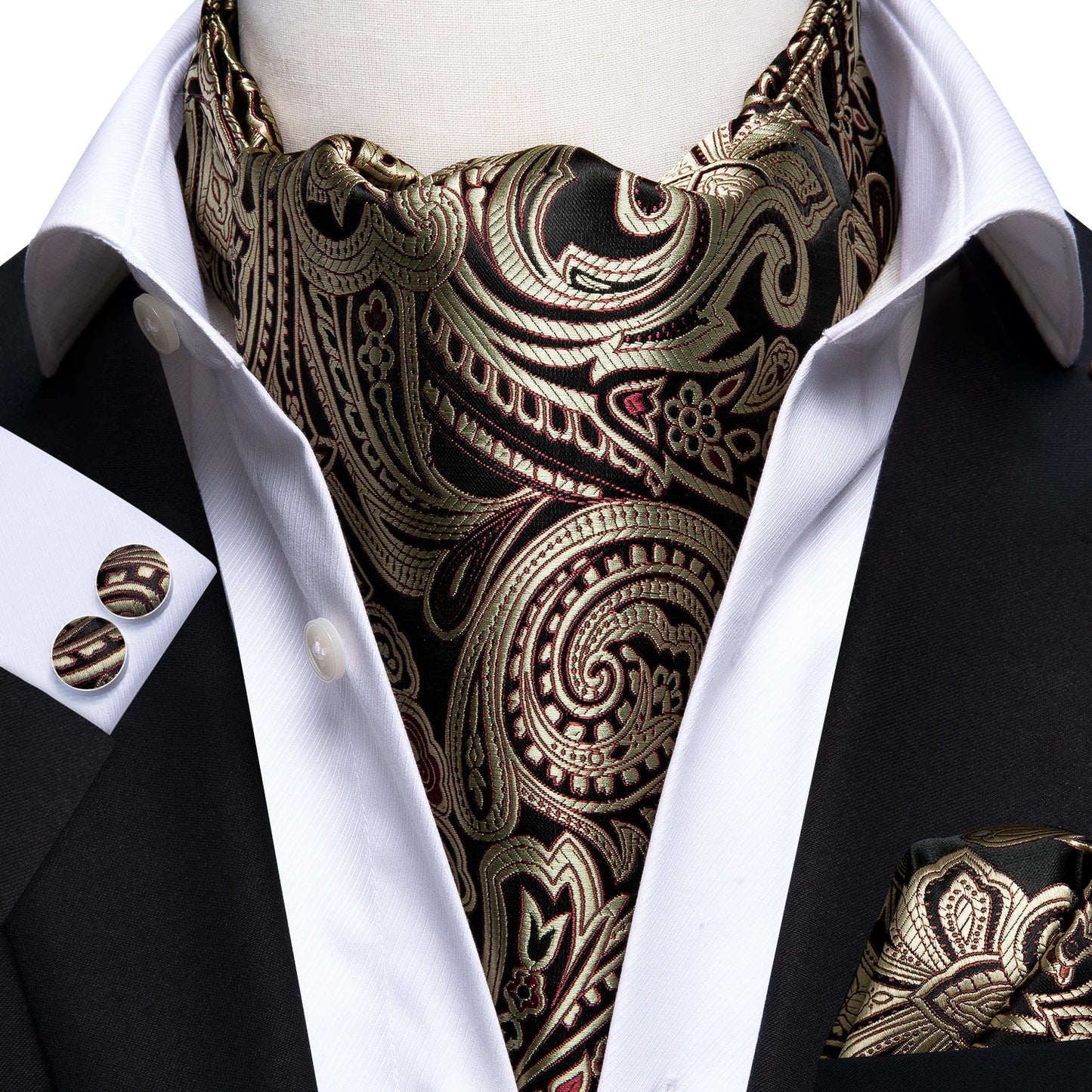 Men's Ascot Pocket Square Cufflinks Set Hi-Tie Silk Jacquard Floral Paisley Cravat Tie Male Formal Wedding Prom