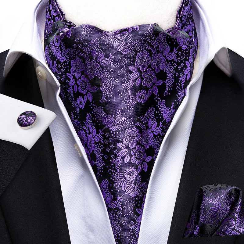 Men's Ascot Pocket Square Cufflinks Set Hi-Tie Silk Jacquard Floral Paisley Cravat Tie Male Formal Wedding Prom