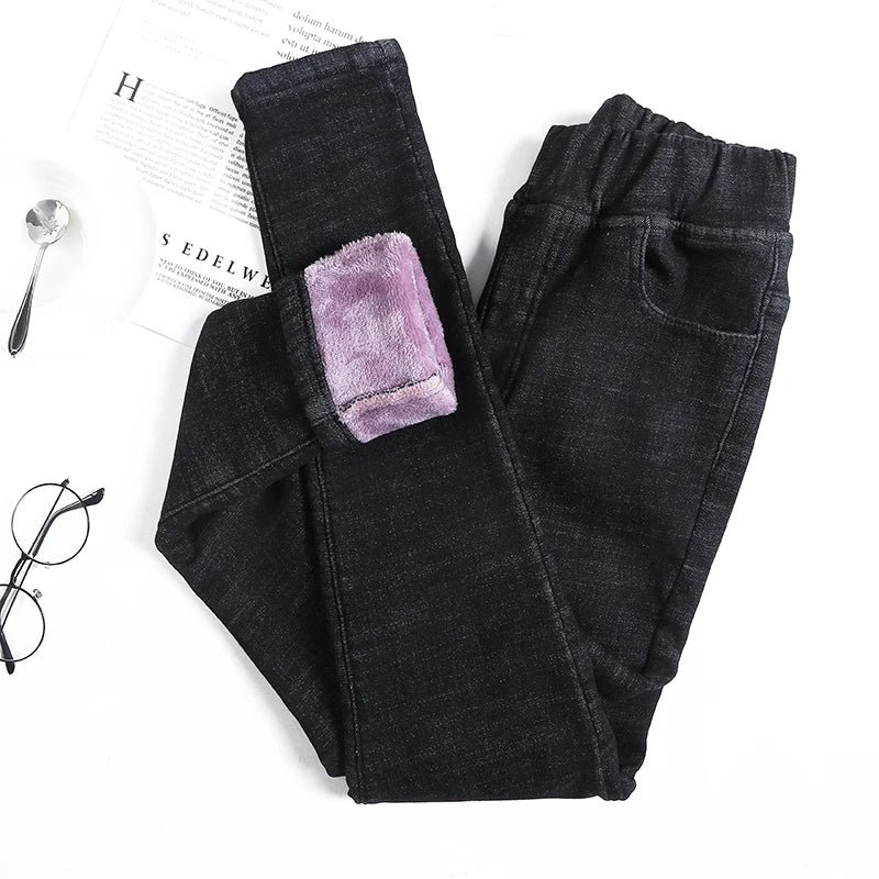 Women Jean Casual Thick Thermal Winter New Skinny Stretch waist Jeans Fleece Pencil Pants Plush Warm Trousers