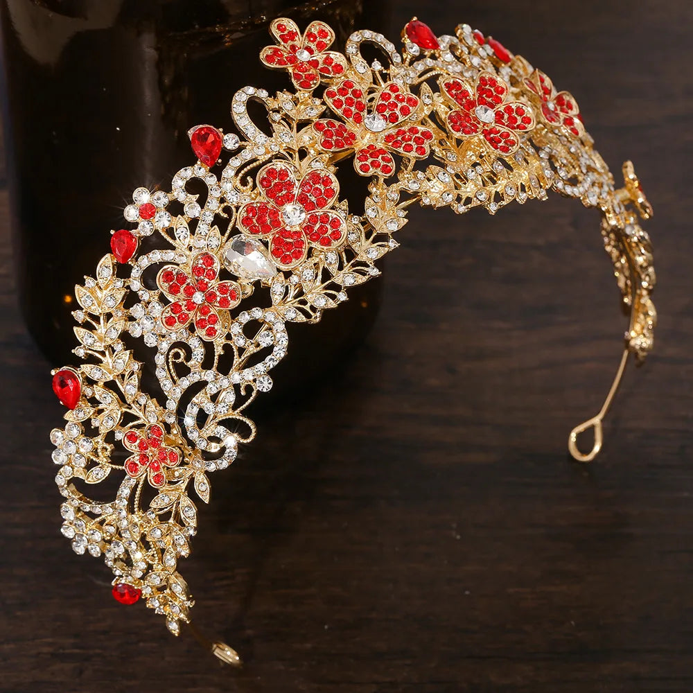 KMVEXO Vintage Baroque Fairy Crowns Bridle Crown Geometric Crystal Elf Tiaras for Women Wedding Costume Flower Design