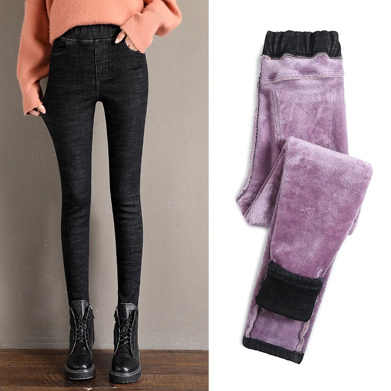 Women Jean Casual Thick Thermal Winter New Skinny Stretch waist Jeans Fleece Pencil Pants Plush Warm Trousers