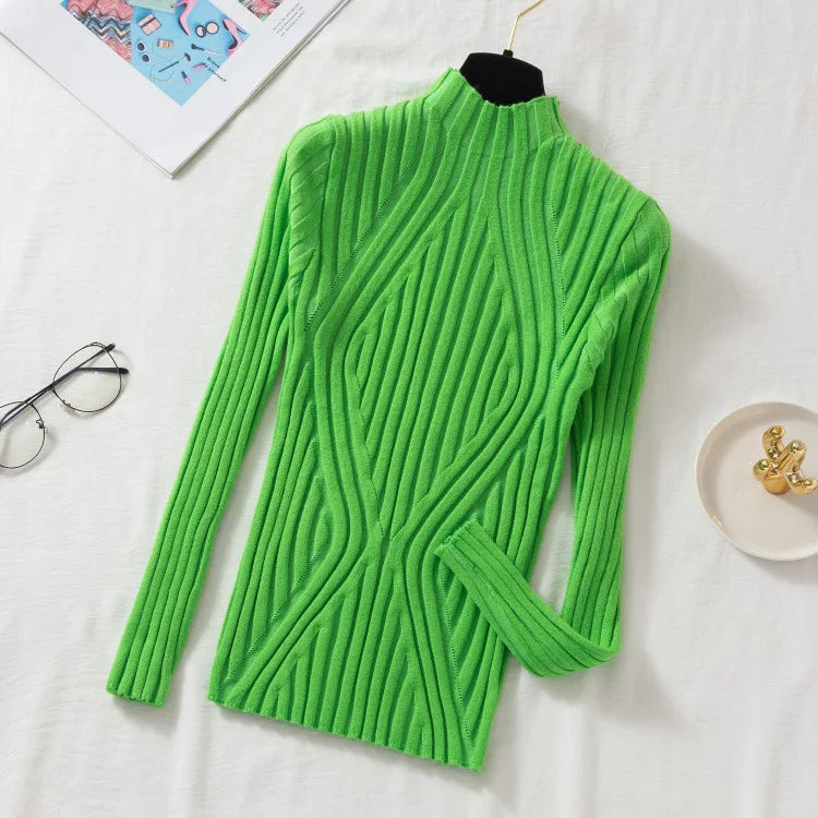 Women Pullover Knitted Sweater Half Turtleneck Jumper Sweater Autumn Winter Solid Slim Chic Streetwear Long Sleeve