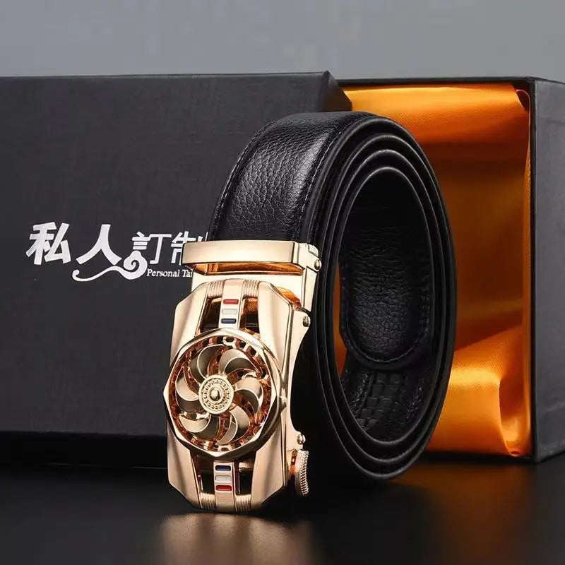 Men Genuine Leather Belt Metal Rotatable Buckle Adjustable Leather Belt