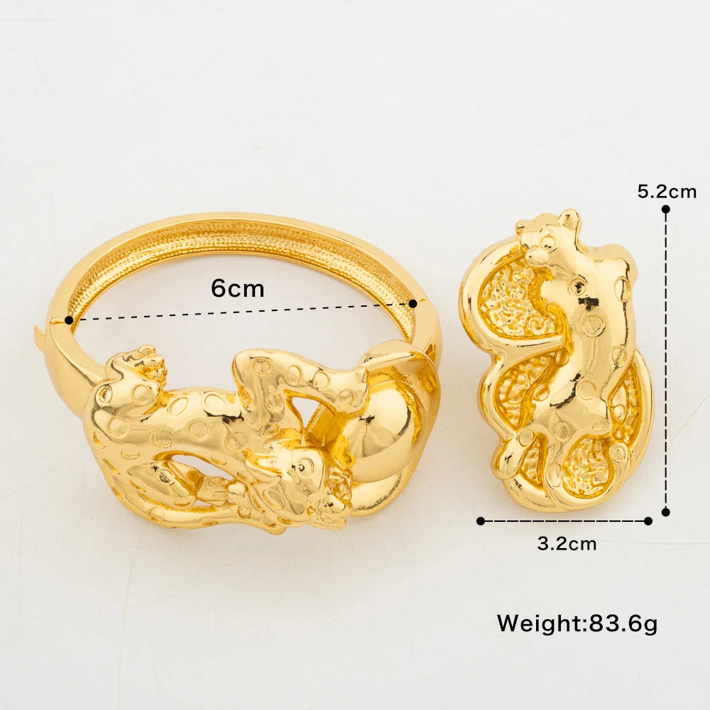 Golden Color Bangle with Ring Set for Party Hand Bracelet Cocktail Ring Bride Set Jewelry