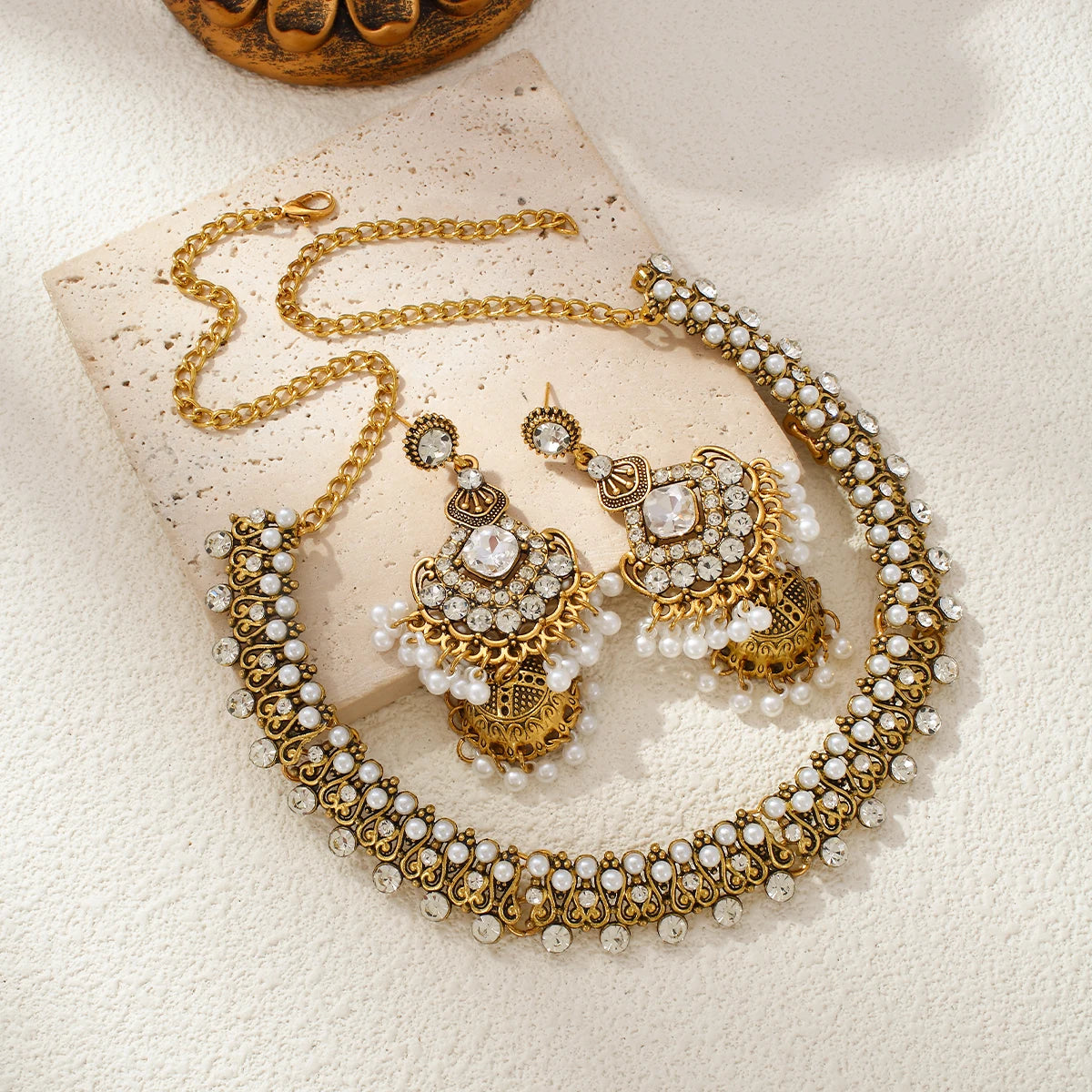 Bronze Pearl Beads Crystal Pendant Earrings Necklace Sets Bijoux Ethnic Rhinestone Bridle Jewelry Sets