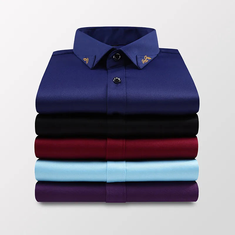 Men's Shirt Long-sleeved Lite Embroidered Business Shirt Classic Slim Formal Male Brand Dress