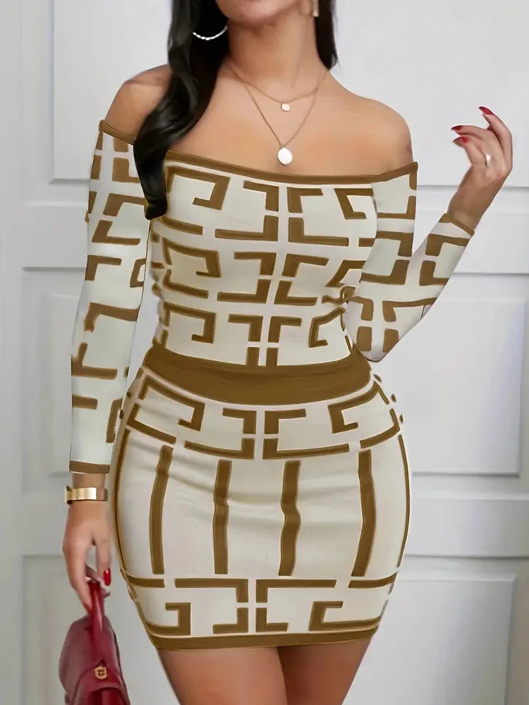 Women Fashion Two Piece Set Off-Shoulder Top & High-Waisted Slim Skirt Outfit Clothing Chic Geometric Print