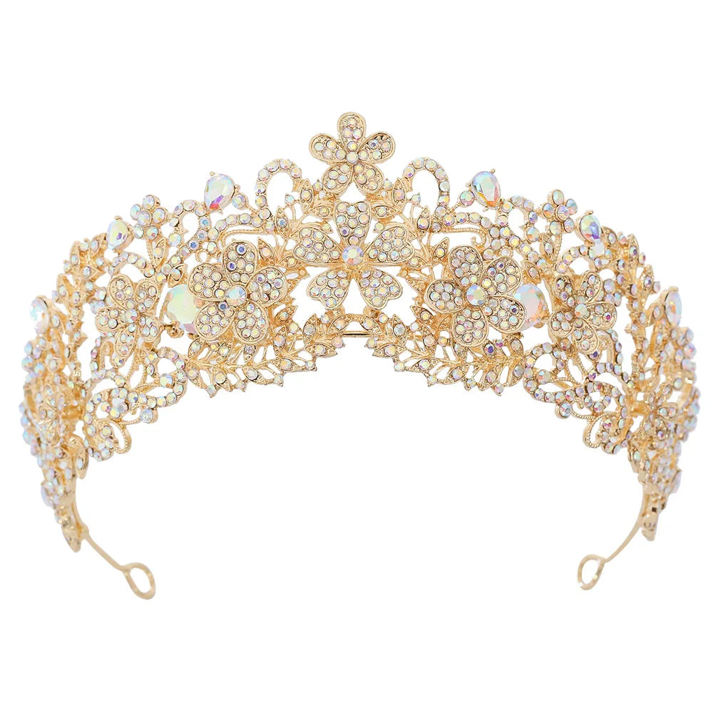 KMVEXO Vintage Baroque Fairy Crowns Bridle Crown Geometric Crystal Elf Tiaras for Women Wedding Costume Flower Design