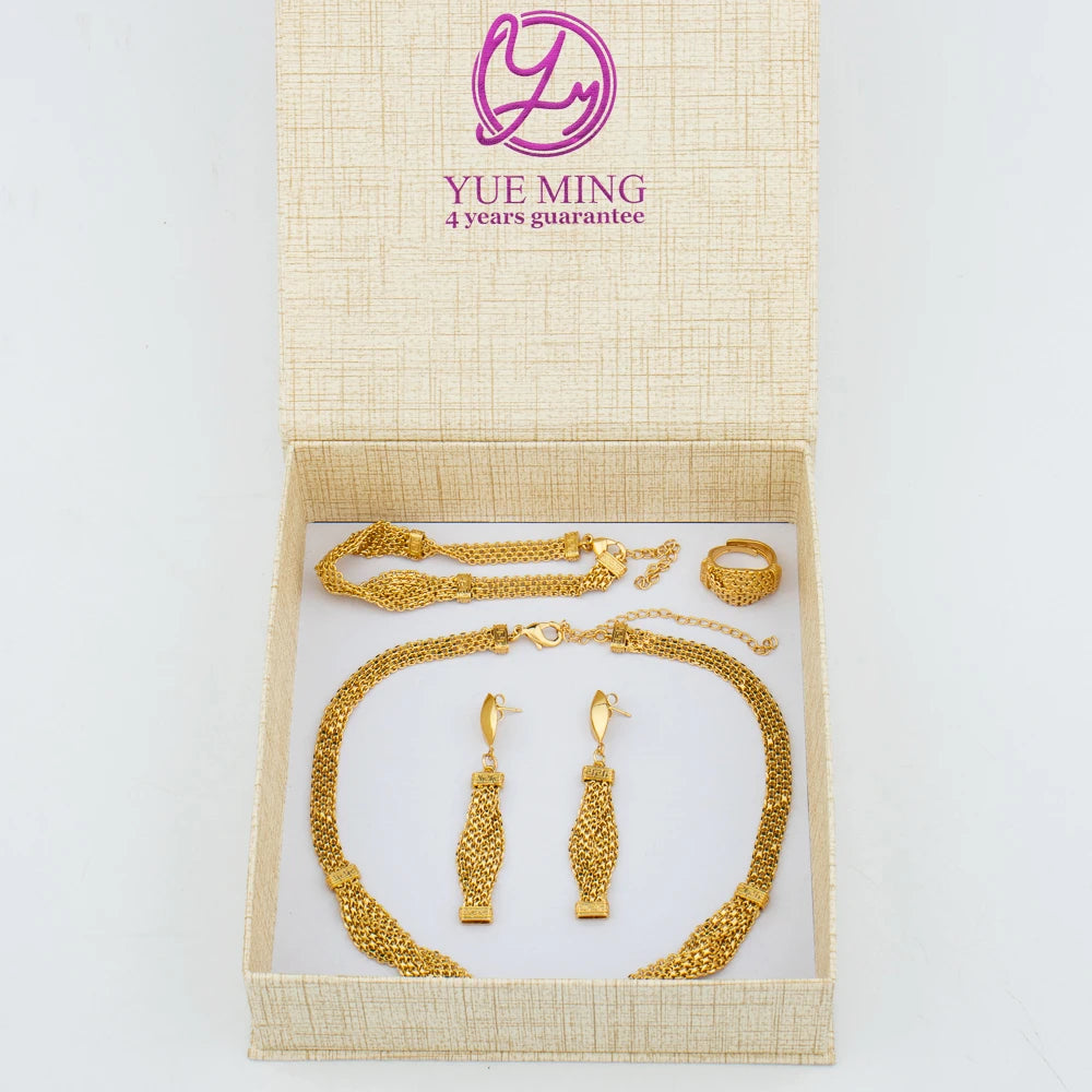 Golden Color Choker Necklace with Earrings and Bracelet Ring Jewelry Twist Design Jewelry