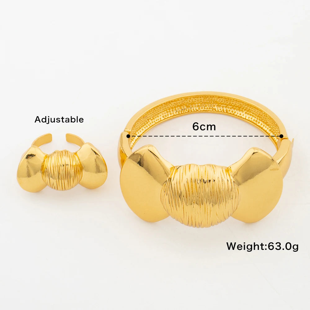 Golden Color Bangle with Ring Set for Party Hand Bracelet Cocktail Ring Bride Set Jewelry