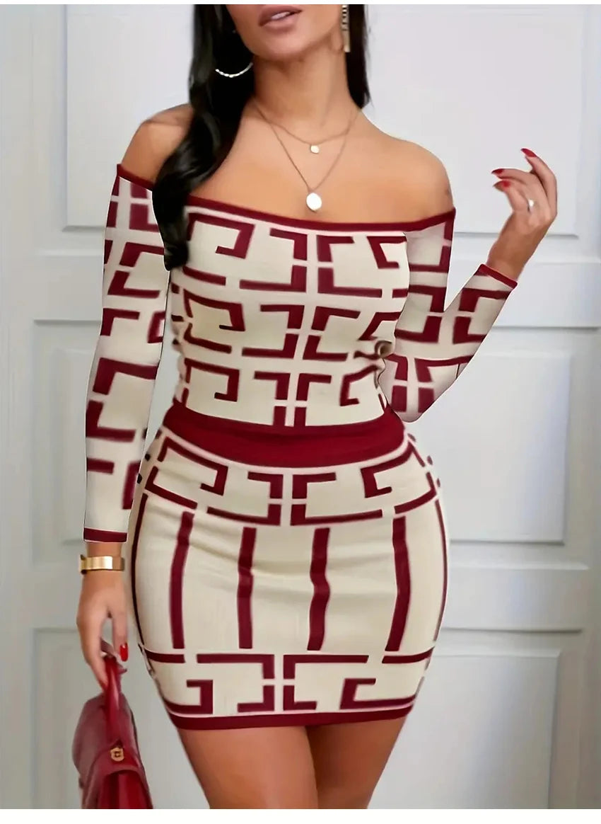 Women Fashion Two Piece Set Off-Shoulder Top & High-Waisted Slim Skirt Outfit Clothing Chic Geometric Print