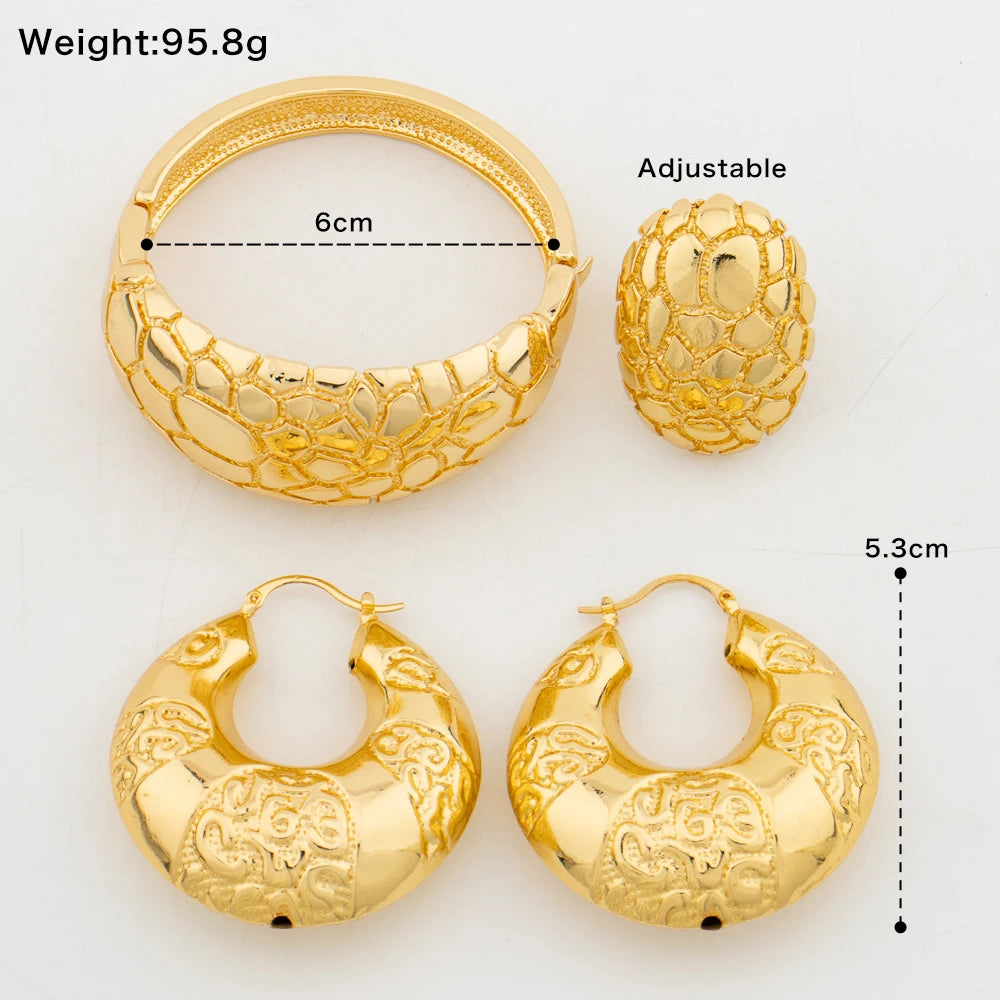 Gold Plated Jewelry Set Hoop Earring and Bangle Ring Set with Bracelet Ring