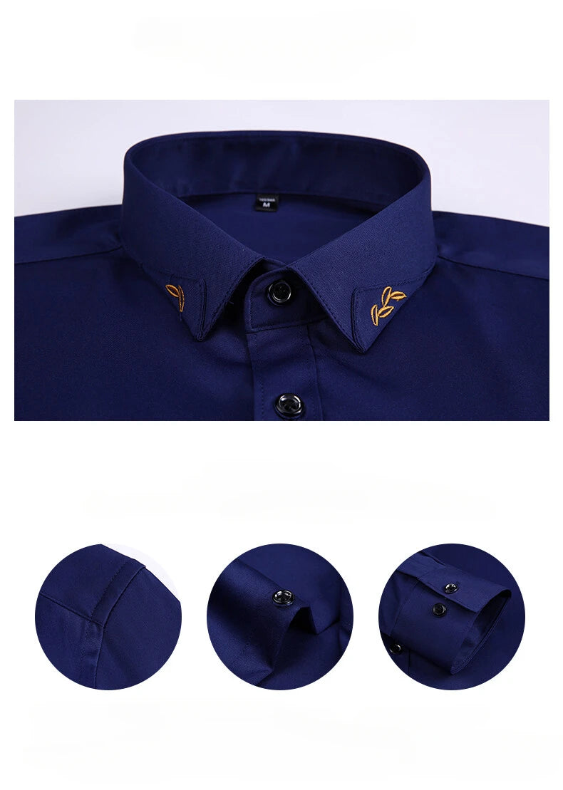 Men's Shirt Long-sleeved Lite Embroidered Business Shirt Classic Slim Formal Male Brand Dress