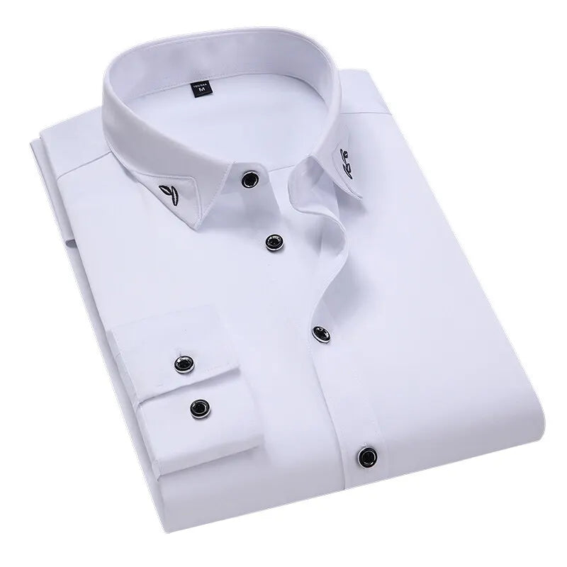 Men's Shirt Long-sleeved Lite Embroidered Business Shirt Classic Slim Formal Male Brand Dress