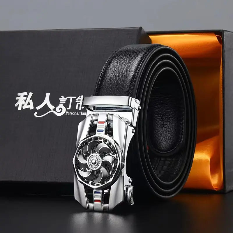 Men Genuine Leather Belt Metal Rotatable Buckle Adjustable Leather Belt