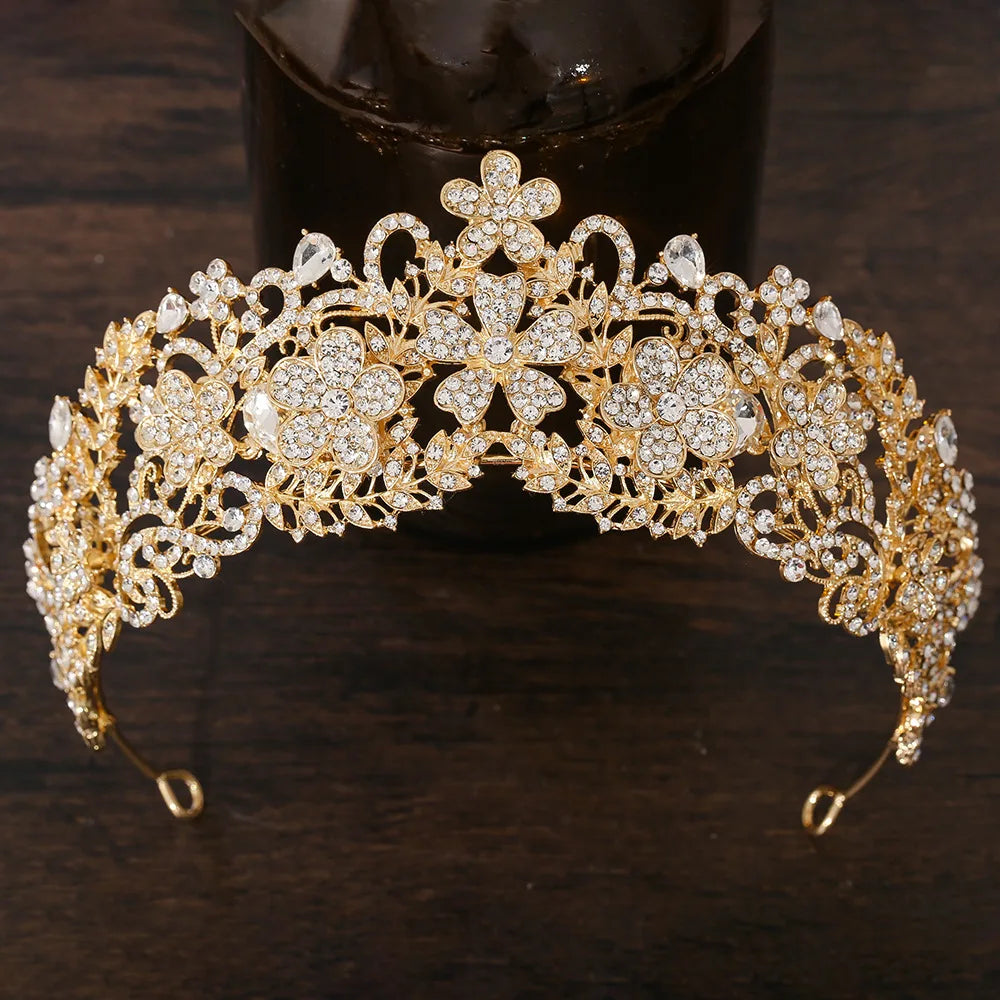 KMVEXO Vintage Baroque Fairy Crowns Bridle Crown Geometric Crystal Elf Tiaras for Women Wedding Costume Flower Design