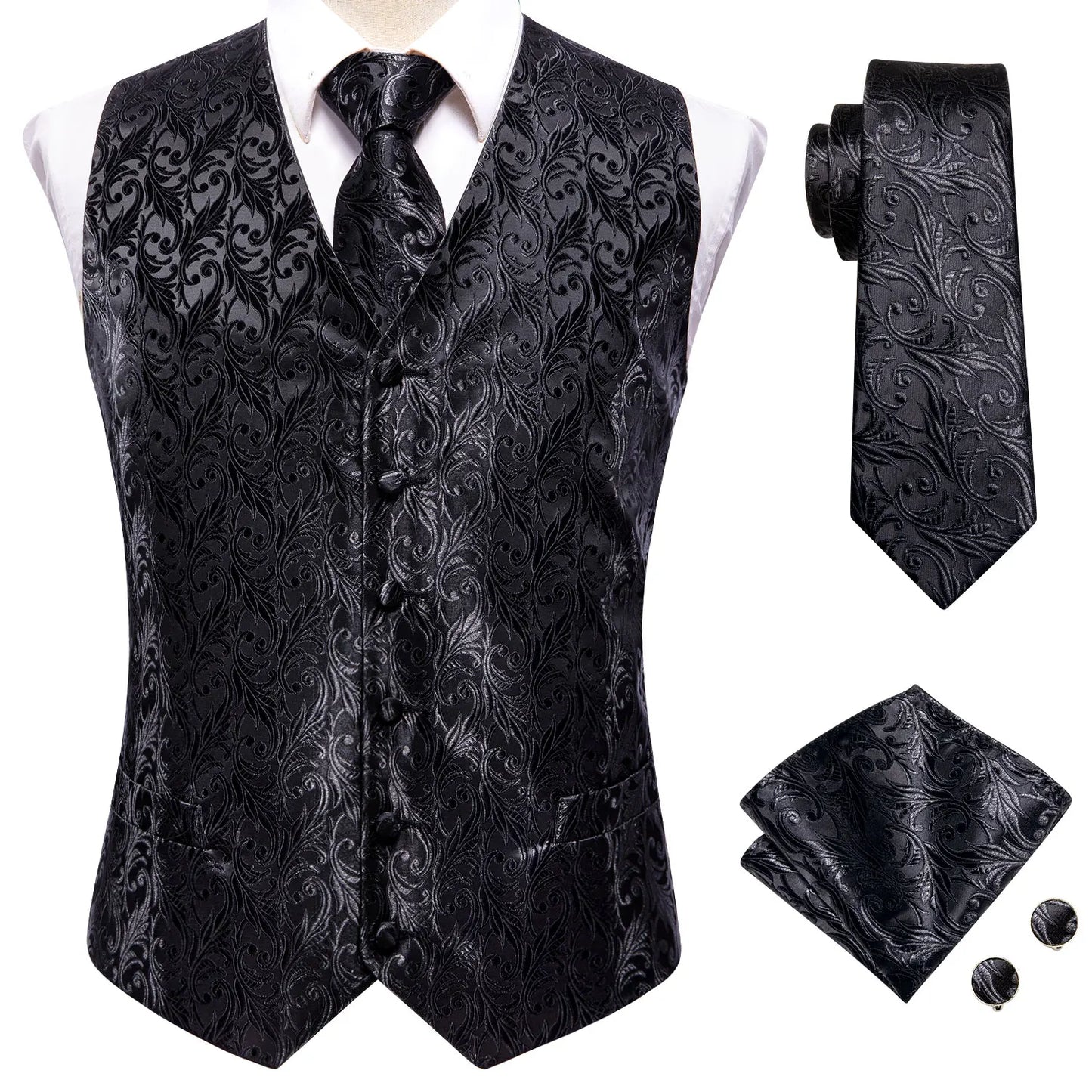 Men Suit Vests Hi-Tie Silk 4PC Woven Floral Black Waistcoat Tie Pocket Square Cufflink Business Wedding Dress Waist Jacket