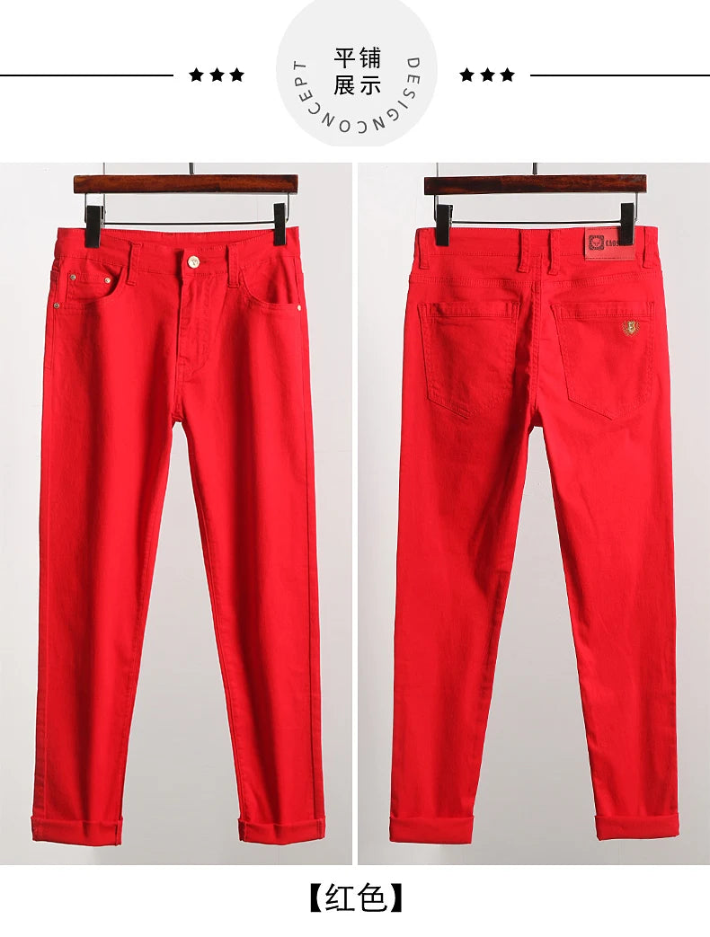 Men's Jeans Casual Pant Stretch Skinny Jeans New Elastic Yellow Pink Red Slim Male Clothing Solid Color Simple Business Trousers