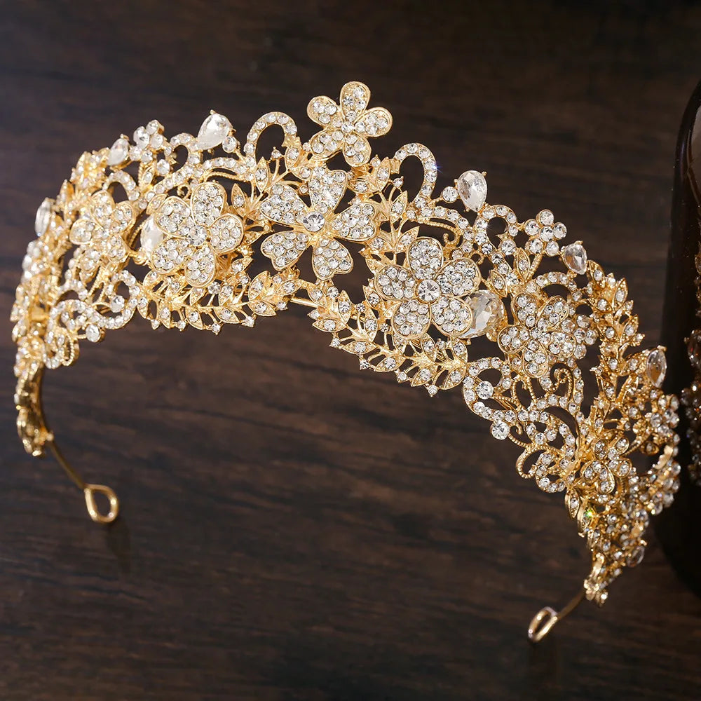 KMVEXO Vintage Baroque Fairy Crowns Bridle Crown Geometric Crystal Elf Tiaras for Women Wedding Costume Flower Design
