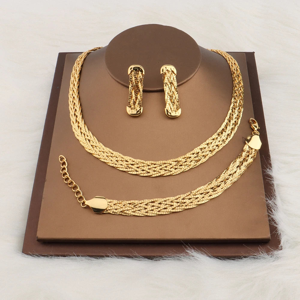 Golden Color Choker Necklace with Earrings and Bracelet Ring Jewelry Twist Design Jewelry
