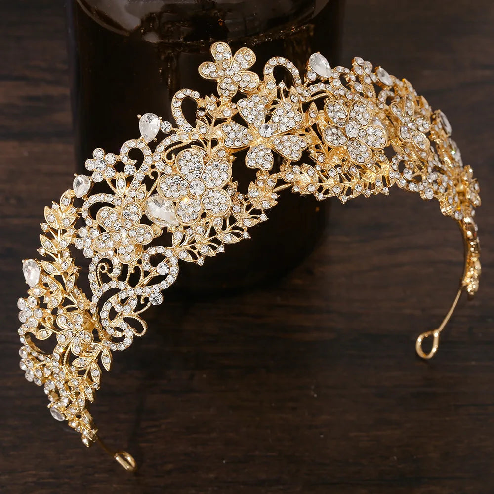 KMVEXO Vintage Baroque Fairy Crowns Bridle Crown Geometric Crystal Elf Tiaras for Women Wedding Costume Flower Design