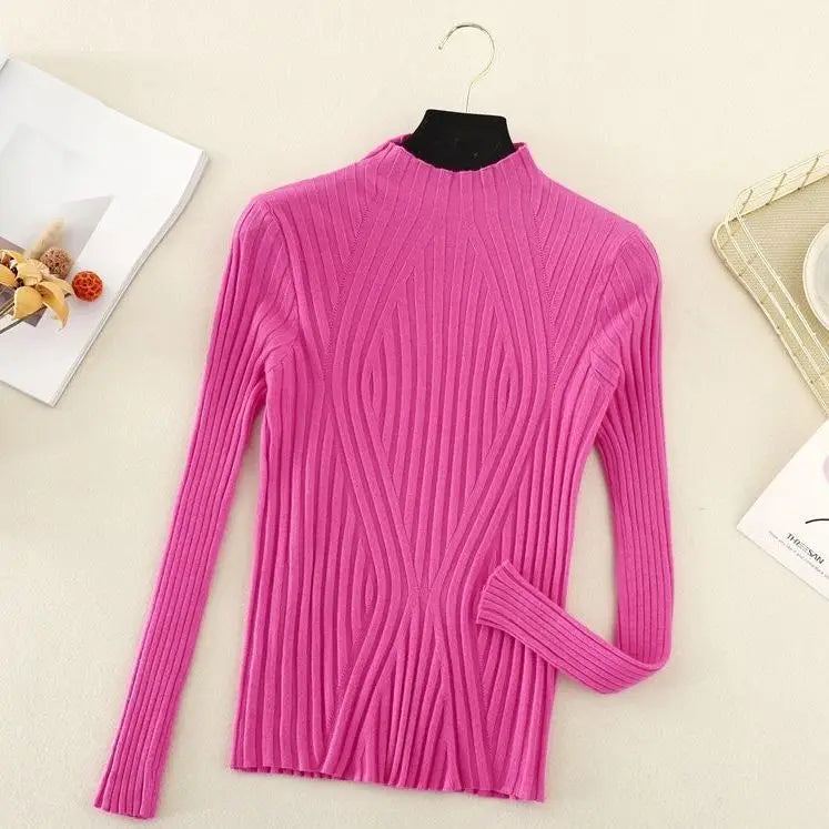 Women Pullover Knitted Sweater Half Turtleneck Jumper Sweater Autumn Winter Solid Slim Chic Streetwear Long Sleeve