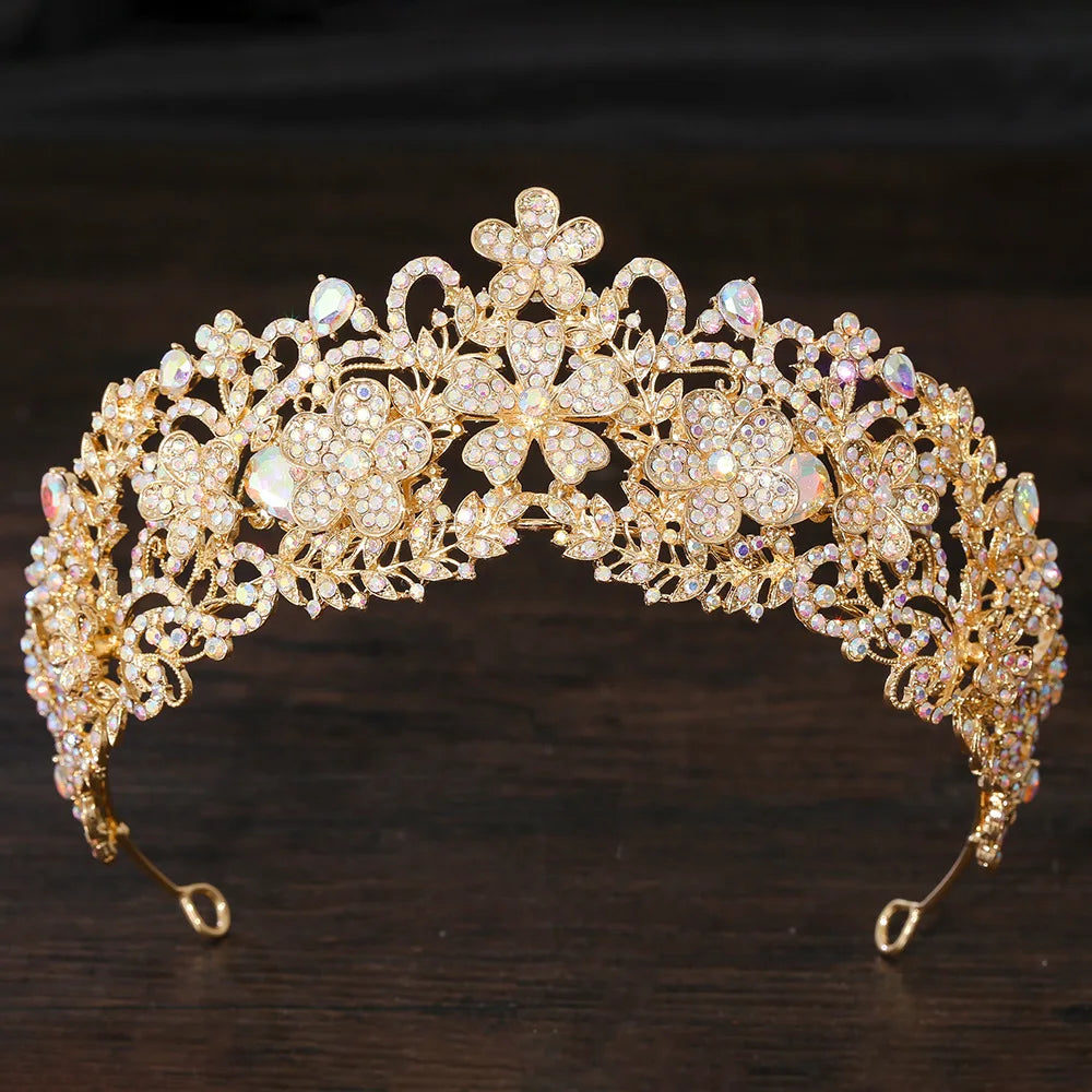 KMVEXO Vintage Baroque Fairy Crowns Bridle Crown Geometric Crystal Elf Tiaras for Women Wedding Costume Flower Design