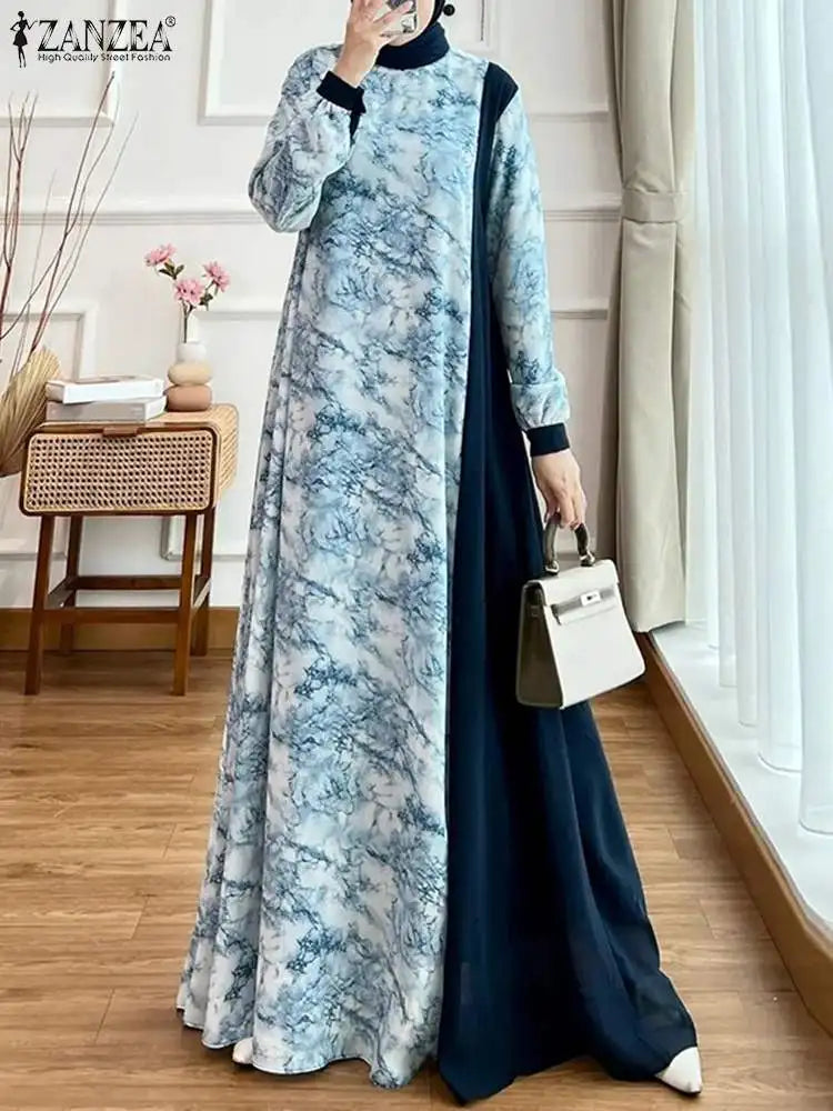 Women Abaya Spring Patchwork Maxi ZANZEA Floral Printed Long Dress Robe Femme Long Sleeve