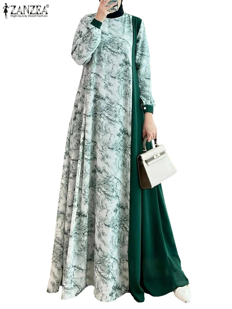 Women Abaya Spring Patchwork Maxi ZANZEA Floral Printed Long Dress Robe Femme Long Sleeve