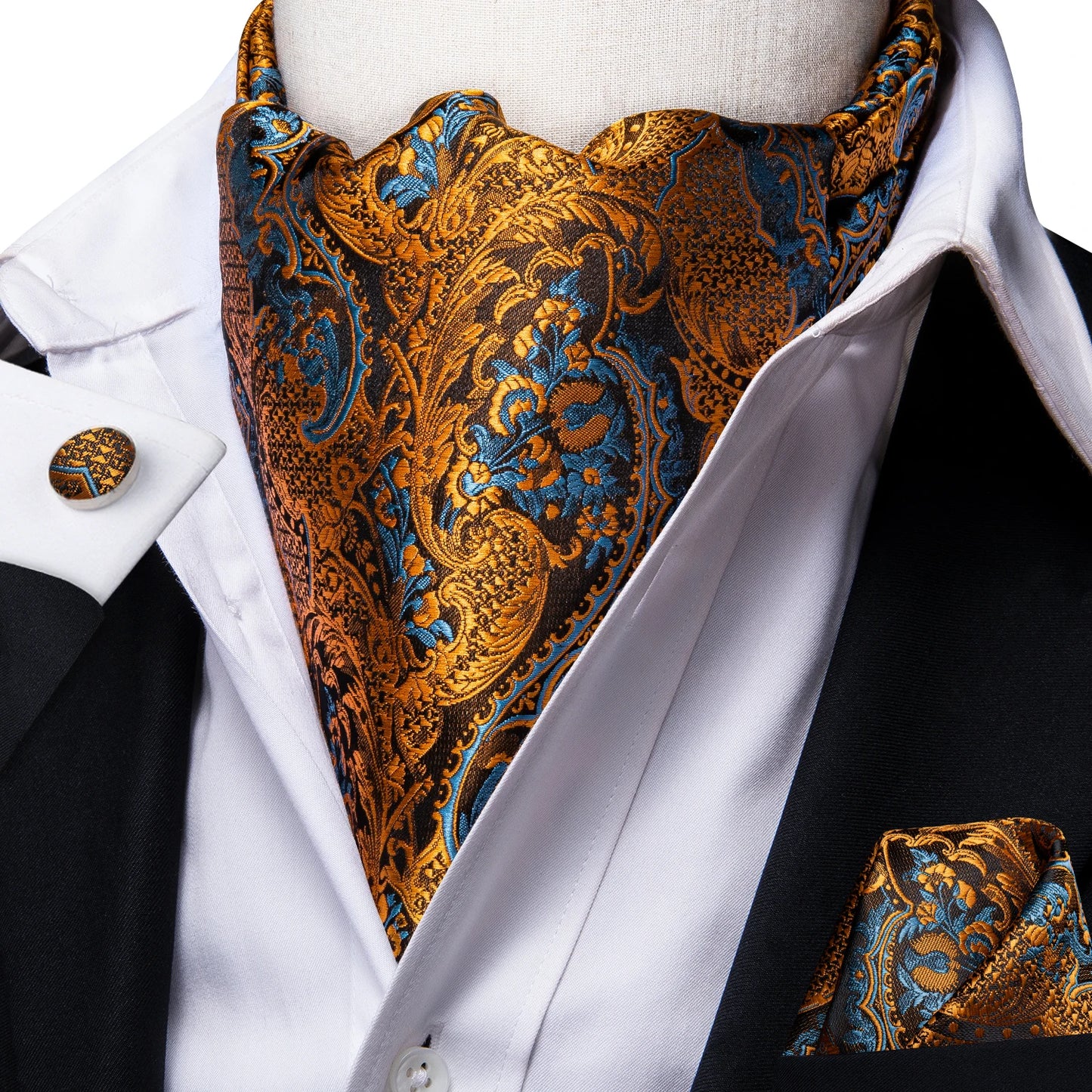 Men's Ascot Pocket Square Cufflinks Set Hi-Tie Silk Jacquard Floral Paisley Cravat Tie Male Formal Wedding Prom