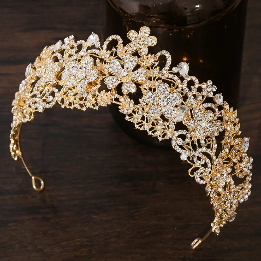 KMVEXO Vintage Baroque Fairy Crowns Bridle Crown Geometric Crystal Elf Tiaras for Women Wedding Costume Flower Design