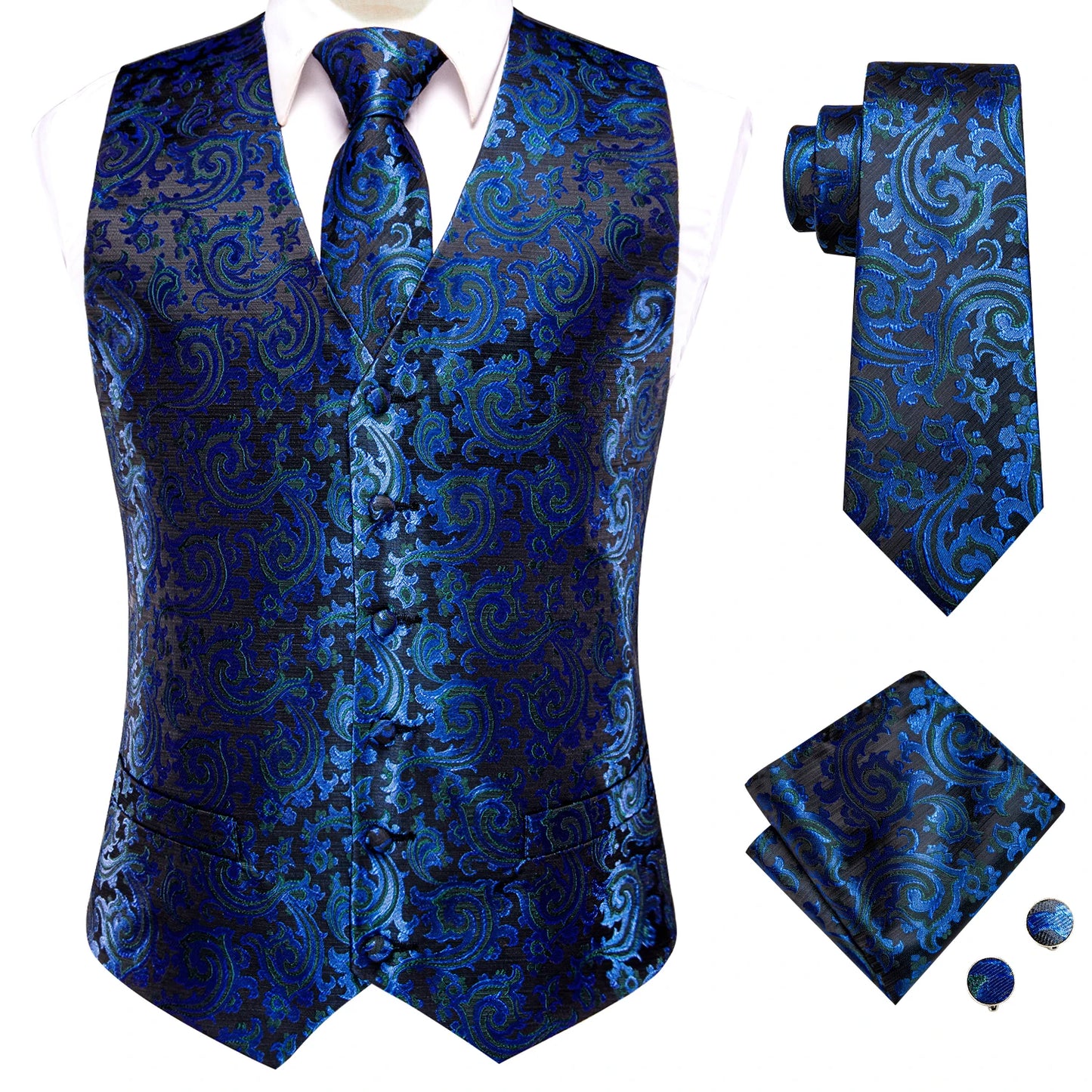 Men Suit Vests Hi-Tie Silk 4PC Woven Floral Black Waistcoat Tie Pocket Square Cufflink Business Wedding Dress Waist Jacket