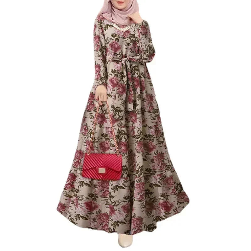 Long Gown Jalabiya Muslim & Arabic Women Dress, Boho Print Dress Long Sleeve Belted Kaftan Muslim