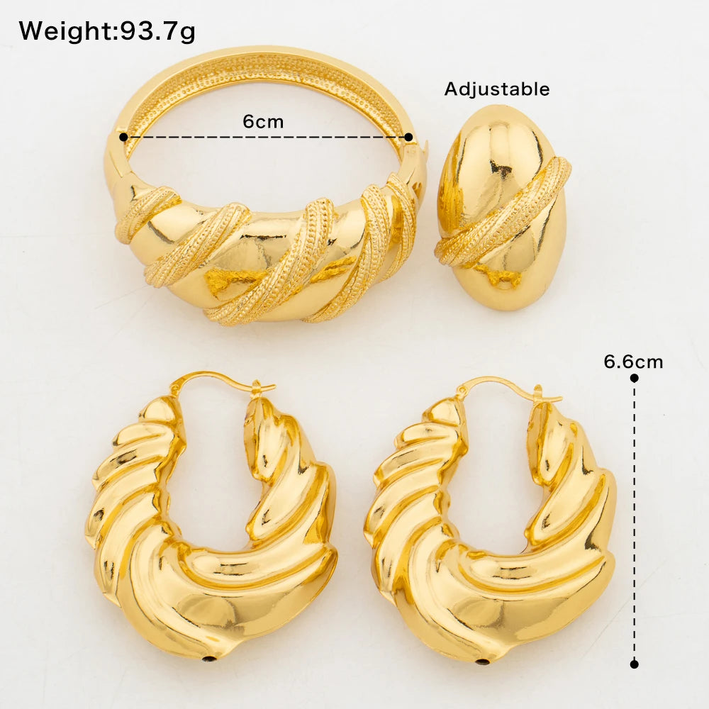 Gold Plated Jewelry Set Hoop Earring and Bangle Ring Set with Bracelet Ring