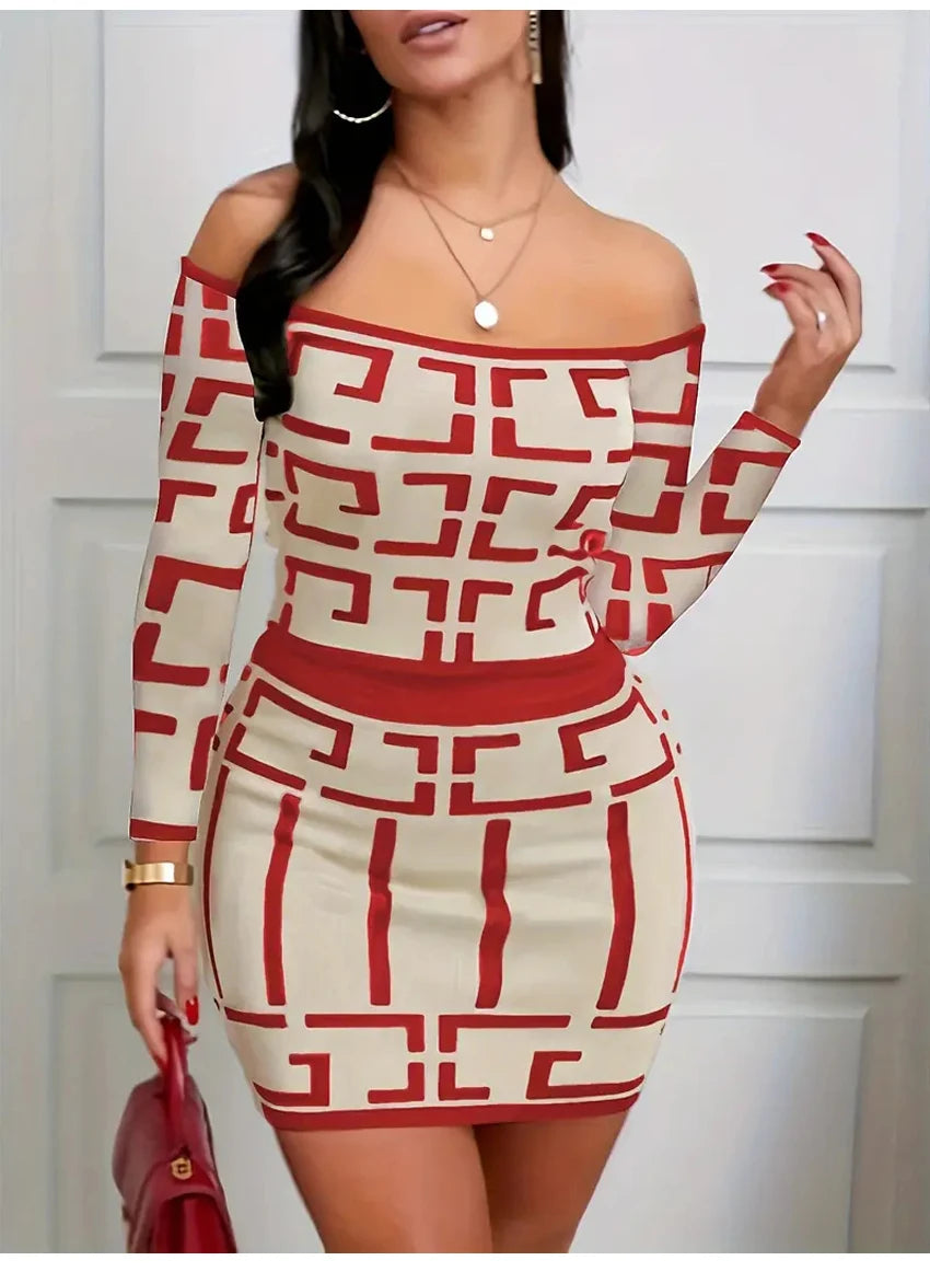 Women Fashion Two Piece Set Off-Shoulder Top & High-Waisted Slim Skirt Outfit Clothing Chic Geometric Print