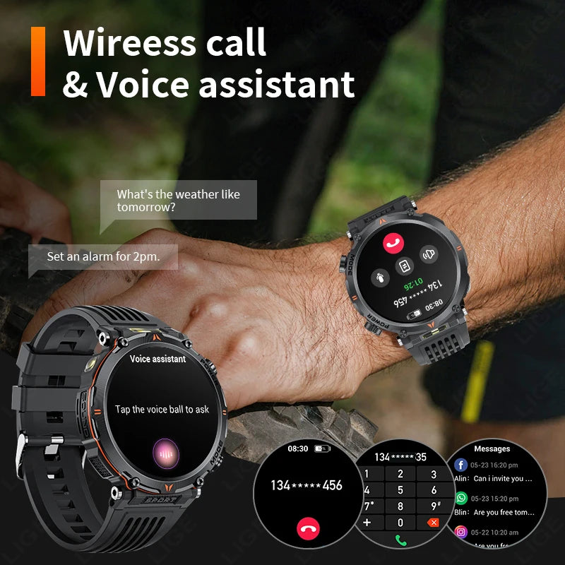 LIGE Smart Watch 600mah Battery LED Flashlight Compass Military Sport Watches Bluetooth Call Waterproof