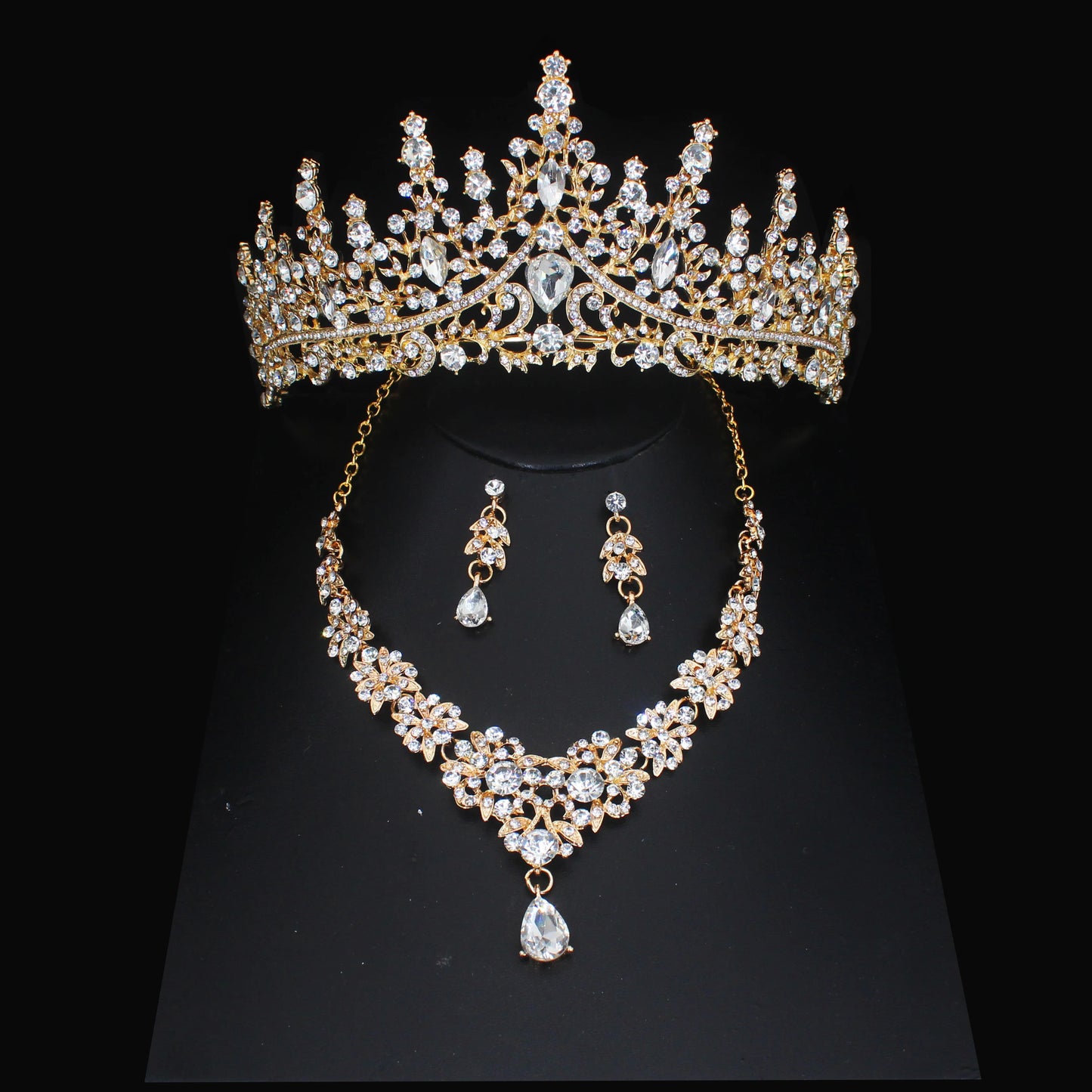 Crystal Wedding Bridal Jewelry Sets Women/Girl Gold Color Tiara/Crown Earrings Choker Necklace Bride Jewelry Set
