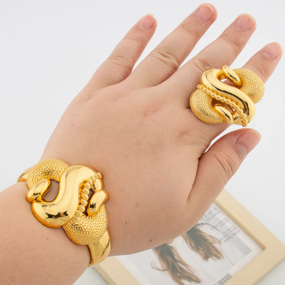 Golden Color Bangle with Ring Set for Party Hand Bracelet Cocktail Ring Bride Set Jewelry