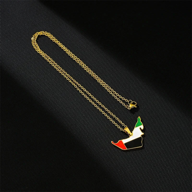 Stainless steel UAE map flag pendant necklace on gold link chain for men and women.