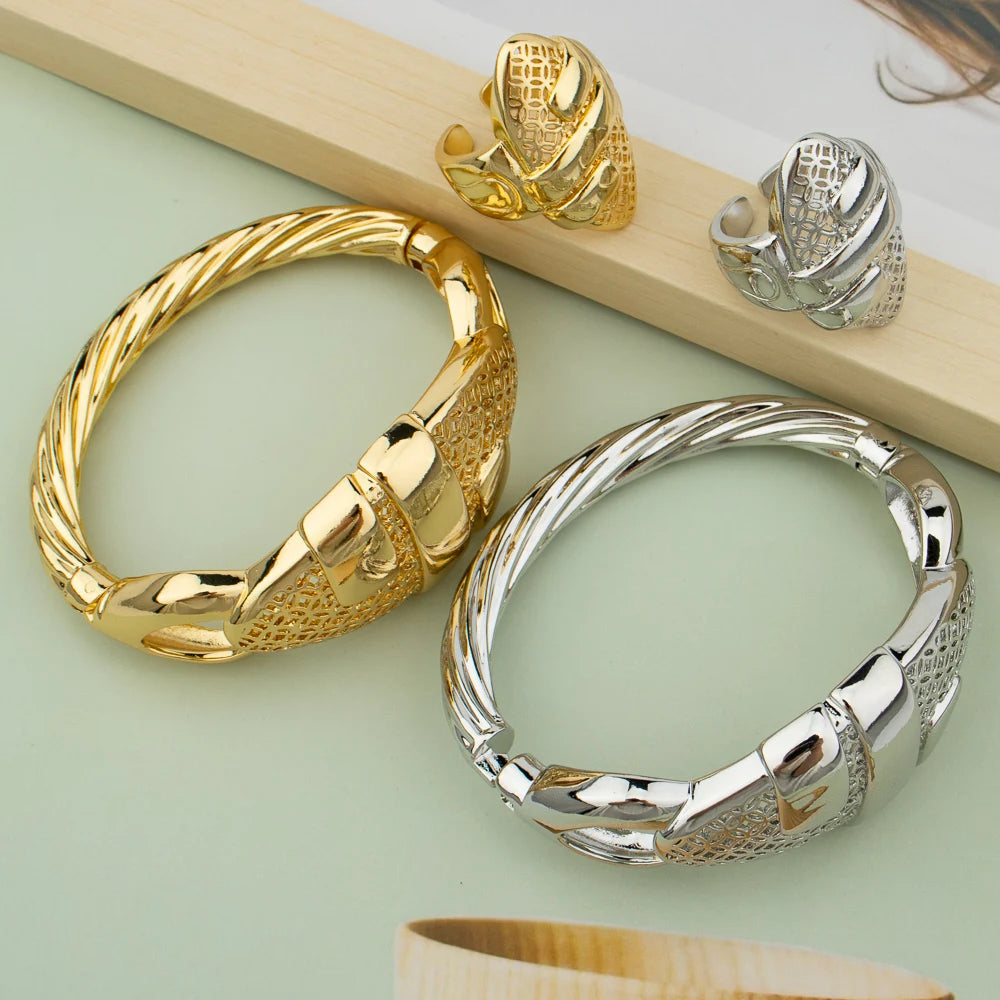 Gold Plated Cuff Bangle With Ring For Women Bracelet Jewelry Gift Hollow Out Design Bracelet