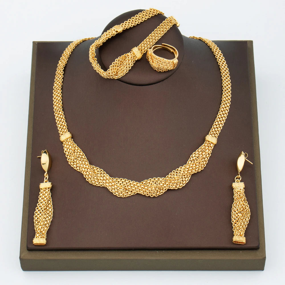 Golden Color Choker Necklace with Earrings and Bracelet Ring Jewelry Twist Design Jewelry