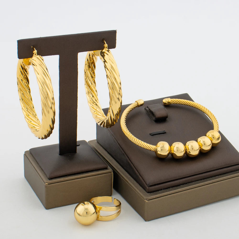 Gold Plated Jewelry Set Hoop Earring and Bangle Ring Set with Bracelet Ring